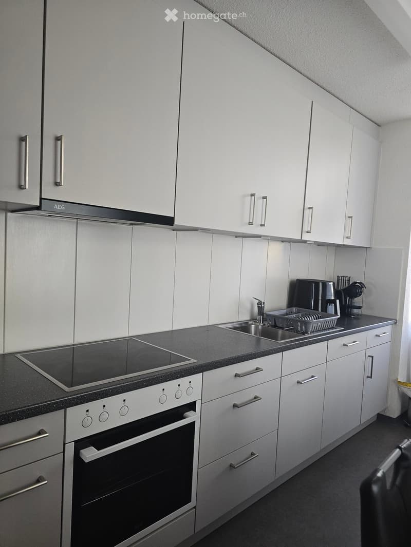 Modern kitchen with white cabinets, stainless steel appliances, and a black countertop. Features an induction cooktop, oven, sink, and coffee maker on the counter.
