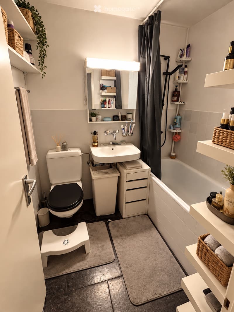 Modern bathroom with white tiles, a toilet, sink, bathtub, and a large mirror with built-in storage. Shelves hold toiletries and decorative items, and a small plant adds a touch of greenery.