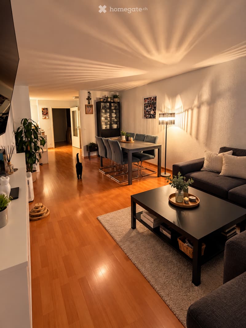 Modern living and dining area with hardwood floors, a grey sofa, coffee table, dining table with chairs, and a floor lamp. A cat is walking in the space.