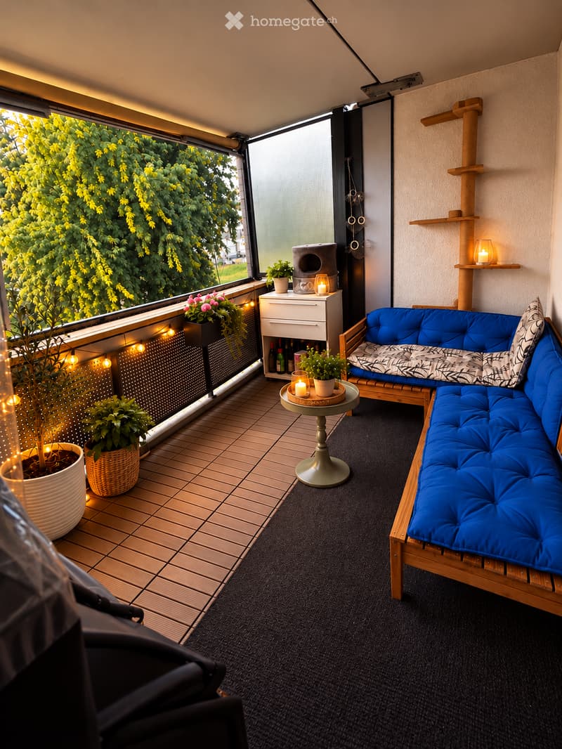 Cozy balcony with wooden decking, blue sofa, small round table, potted plants, cat tree, and decorative lighting.