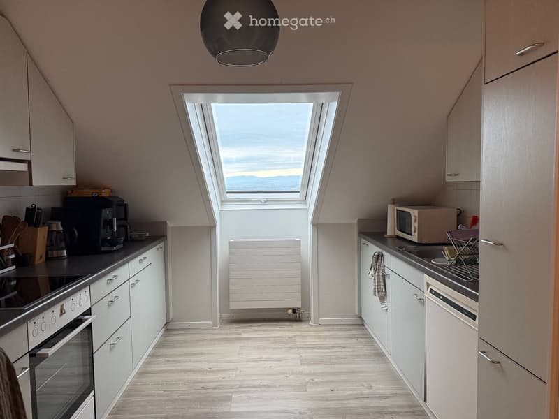 Modern kitchen with white cabinets, wooden flooring, and a skylight window. Appliances include an oven, microwave, coffee maker, and dishwasher. A radiator is visible below the window.