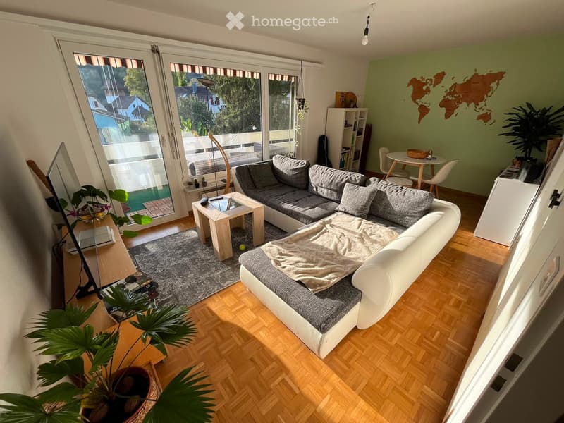Modern living room with large windows offering a view, featuring a grey sectional sofa, coffee table, dining area with chairs and table, bookshelf, and decorative plants.