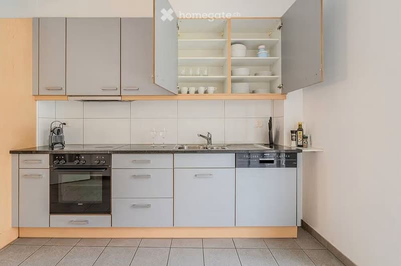 Modern kitchen with light grey cabinets, stainless steel appliances, and a dark countertop. Features include an oven, sink with faucet, dishwasher, coffee maker, wine glasses, and open shelving with plates and cups.