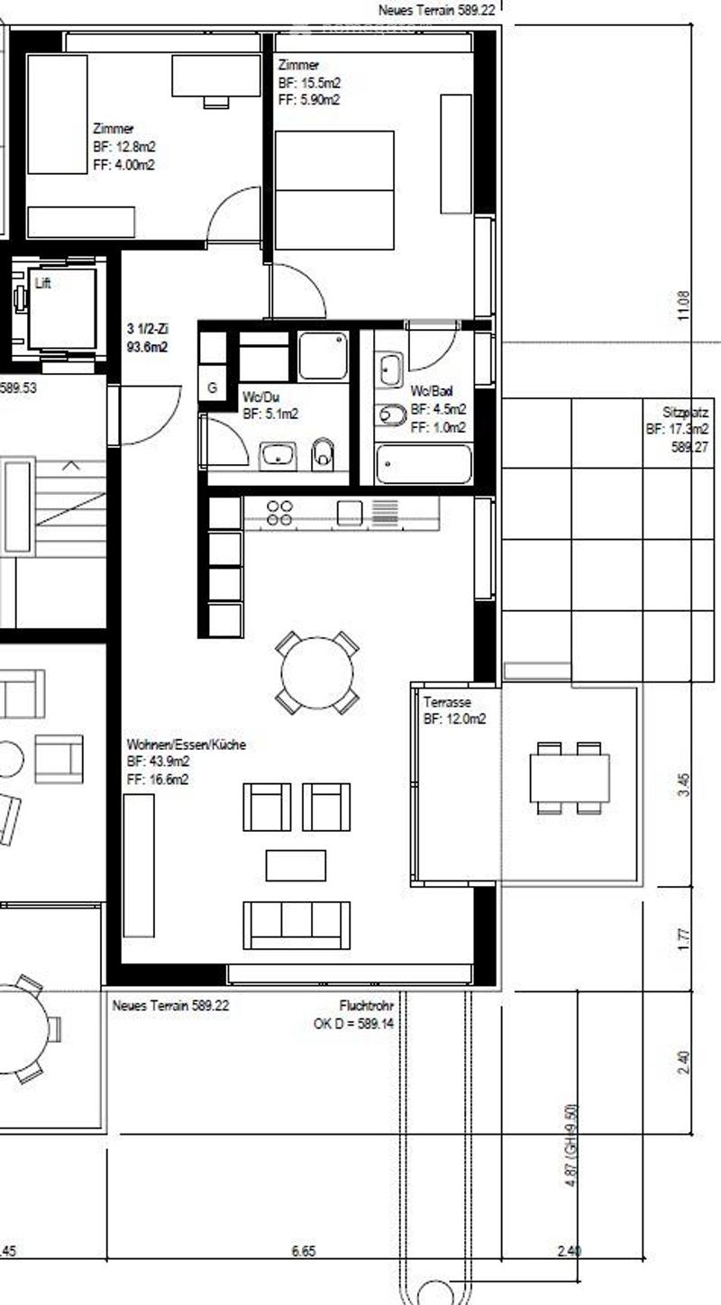 Floor plan of a 3-room apartment with a living/dining area, kitchen, bedroom, and bathroom. Includes a terrace and a new outdoor area.