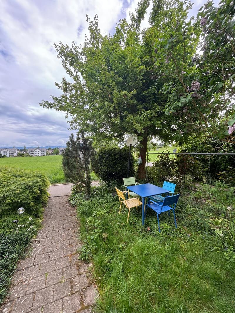 A small outdoor seating area with a blue table and four chairs, surrounded by lush greenery and a paved pathway.