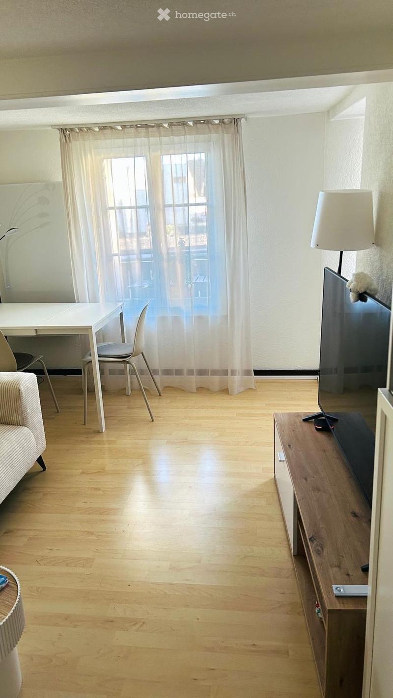 A modern living room with light wooden flooring, a sofa, a coffee table, a TV stand with a television, a desk with chairs, and a window with sheer curtains.