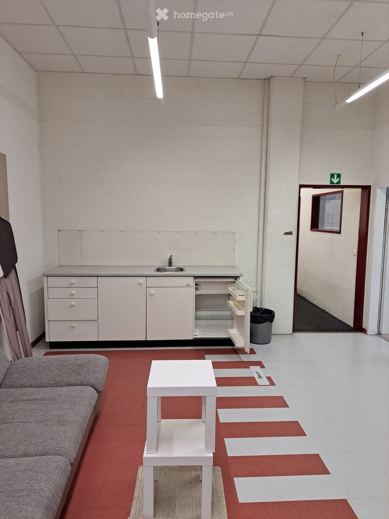 A modern, furnished room with a grey sofa, white coffee table, kitchen area with cabinets, sink, and refrigerator. The floor features a red and white patterned carpet.