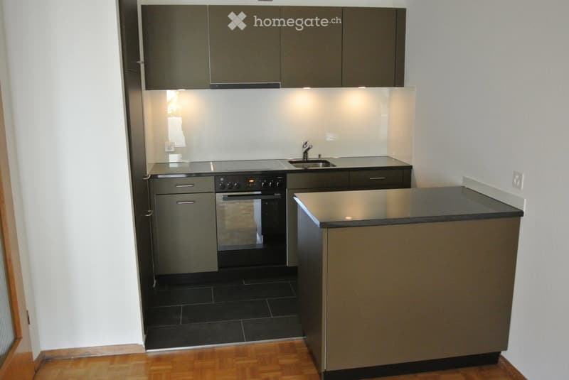 Modern kitchen with grey cabinets, black countertop, stainless steel oven, and sink.