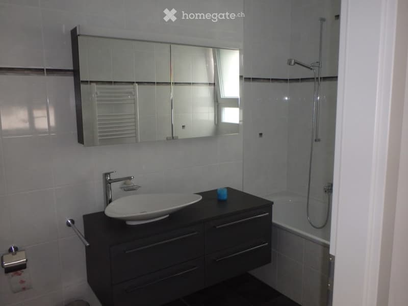 modern bathroom with bathtub, mirror, and bathroom cabinet