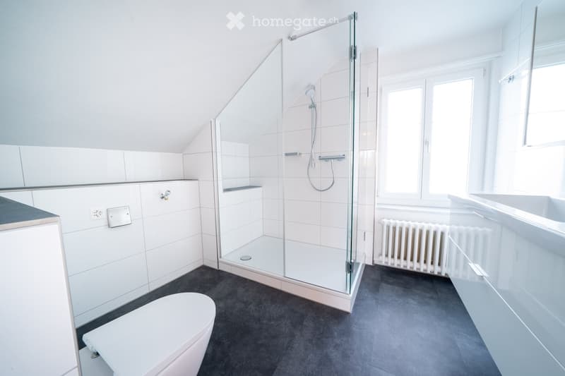 Modern bathroom with white tiles, a glass-enclosed shower, a toilet, a sink, and a radiator. The room features large windows and a sleek design.