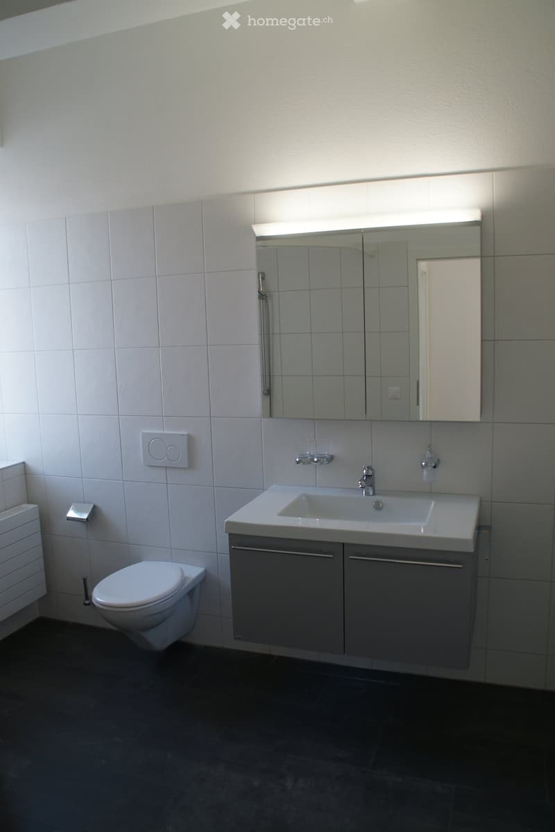 Modern bathroom with white tiles, a toilet, a sink with a modern faucet, a large mirror with built-in lighting, and grey cabinets.