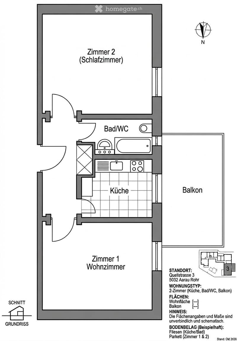 Floor plan of a 2-room apartment with a living room, bedroom, kitchen, bathroom, and balcony.