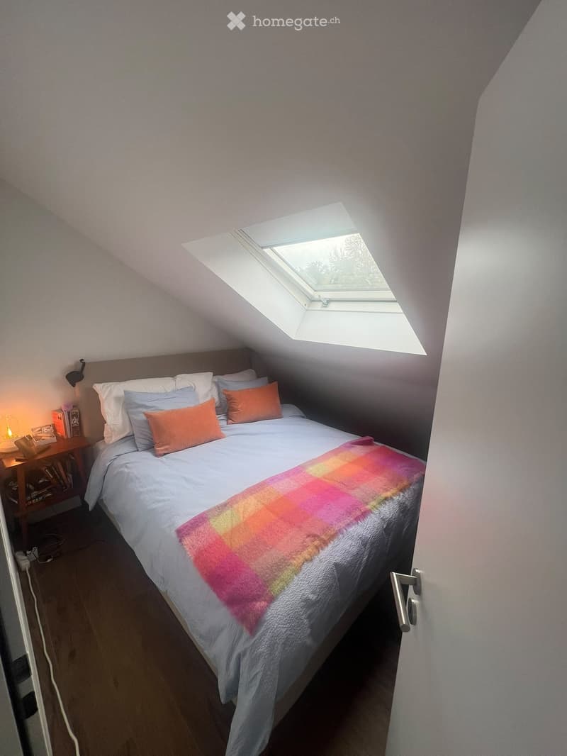 Cozy attic bedroom with a single bed, colorful pillows, a striped blanket, a nightstand with a lamp, and books. Features a skylight window allowing natural light.