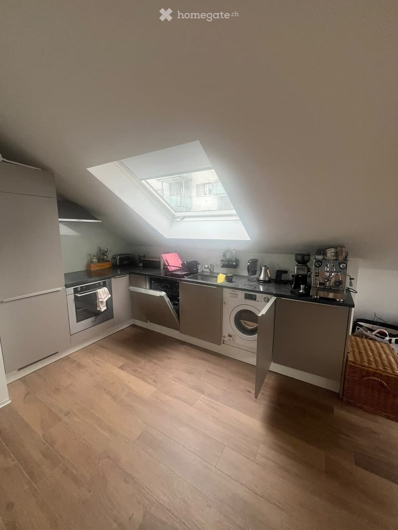 Modern kitchen with wooden flooring, white cabinets, stainless steel appliances including an oven, dishwasher, and washing machine, and a skylight window above the sink.