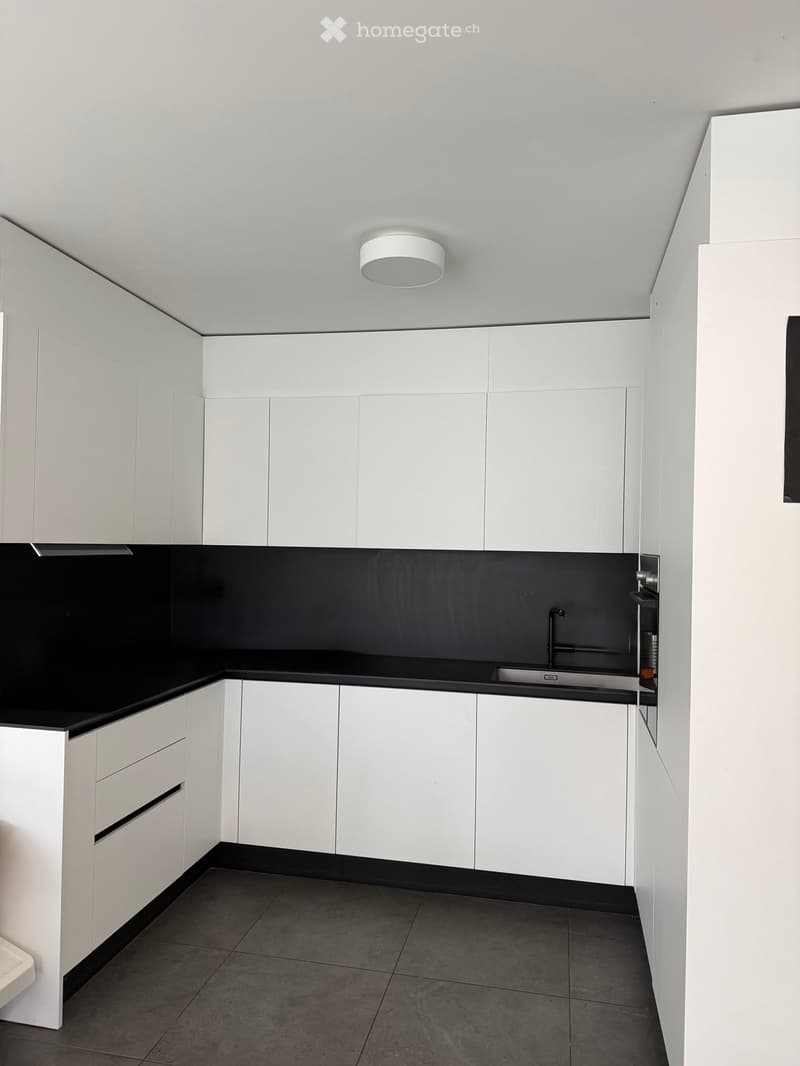 Modern kitchen with white cabinets, black countertops, and a stainless steel sink.