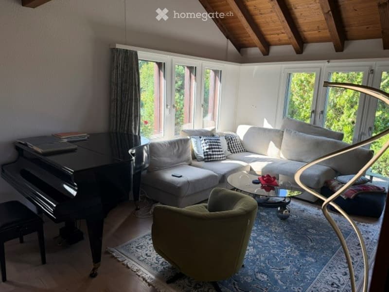 A modern living room with a grey sectional sofa, a black grand piano, a glass coffee table, a green armchair, and a floor lamp. The room features large windows with curtains and a patterned rug.