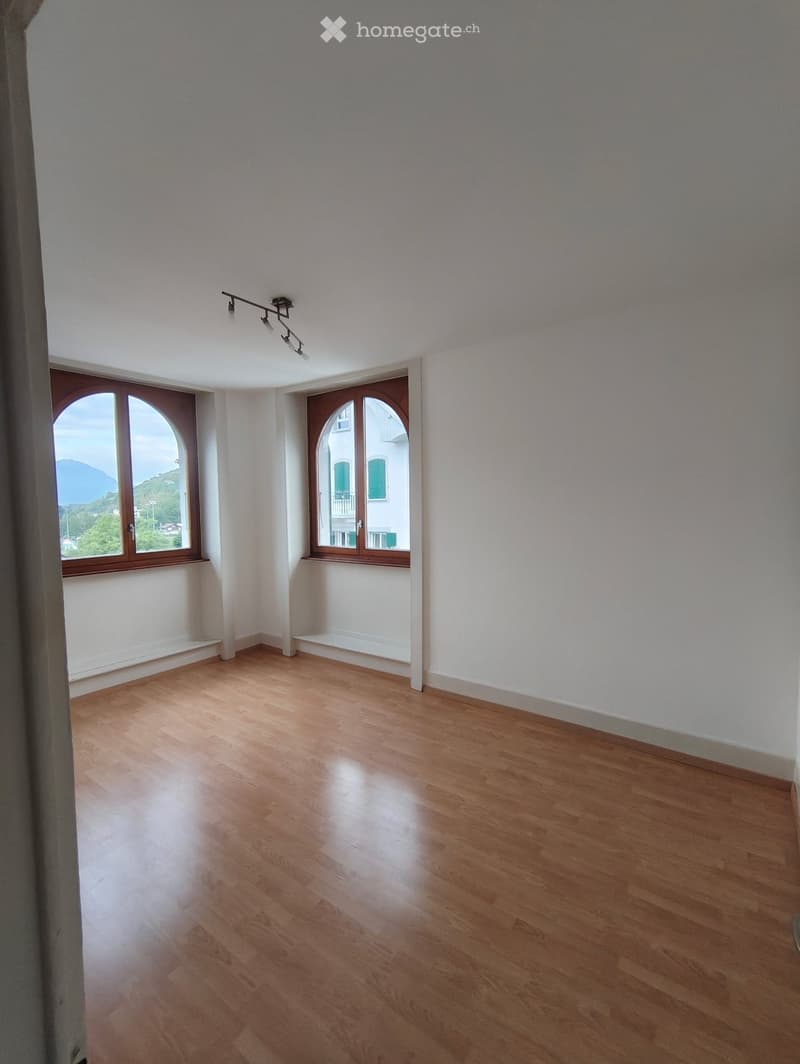 Empty room with light wooden flooring, white walls, and two arched windows offering a scenic view.