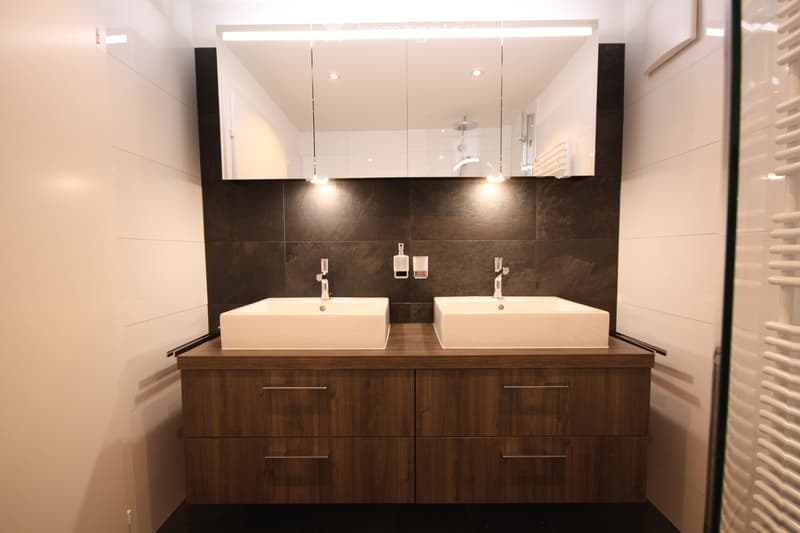 modern design, double vanity with two sinks, mirror, tiled wall, shower enclosure