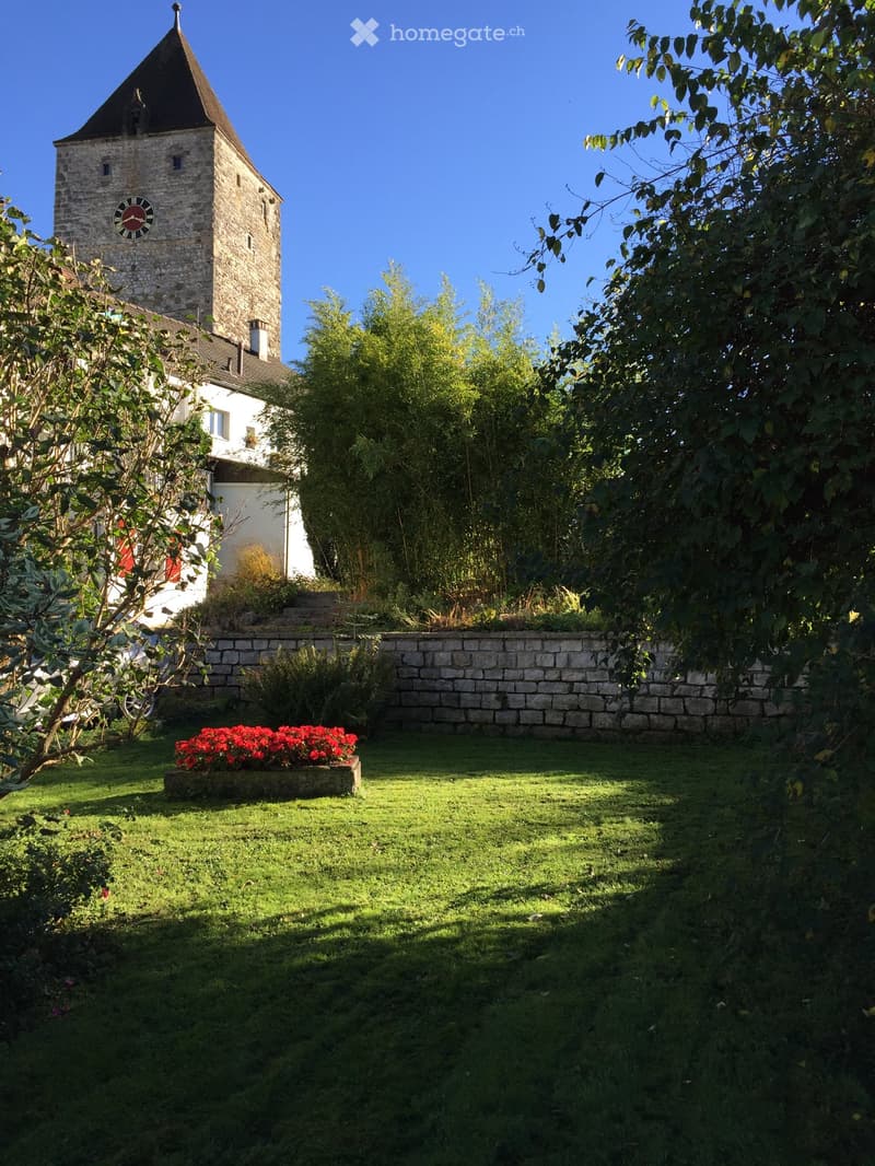lawn, stone wall, red flowers, greenery, a tower, clock tower, trees
