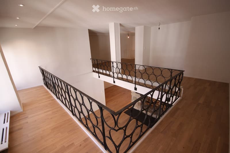 interior, wooden floor, railing, open space, fireplace