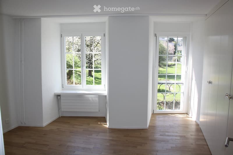 empty room, white walls, wooden floor, two windows, white radiator