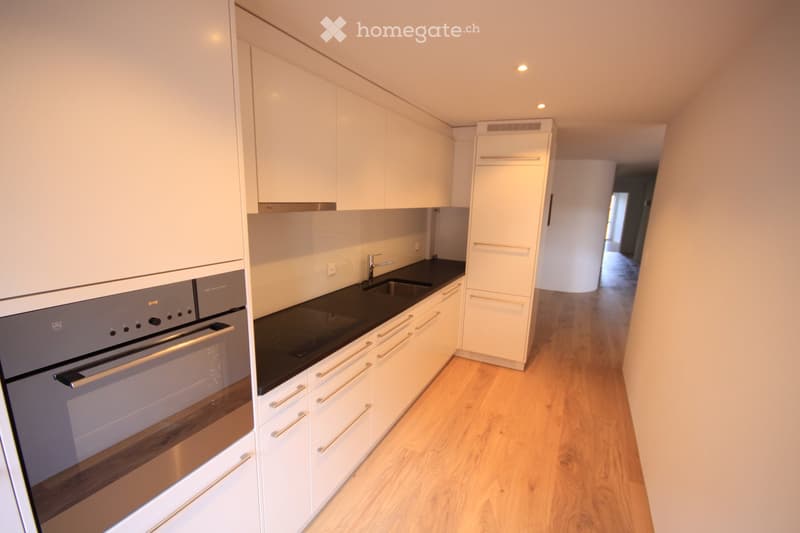 white kitchen with black countertops, wooden cabinets, built-in oven and dishwasher, under-cabinet lighting