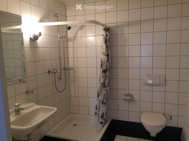 White tiles, white sink, shower cubicle, white toilet, mirror, light on the wall, silver shower head, curtain
