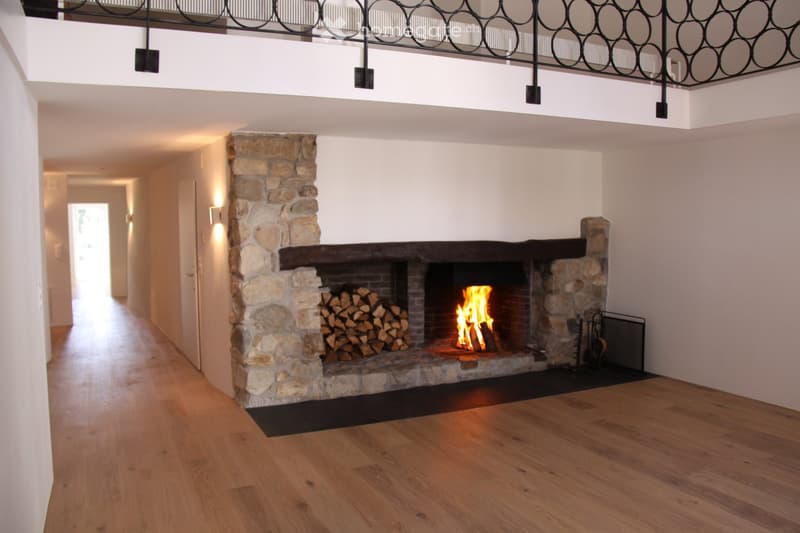 Fireplace made of stone, wood floors, modern design