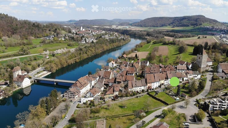 village on the river, old buildings, bridge, small buildings, mountains, trees, grass, cloudy sky