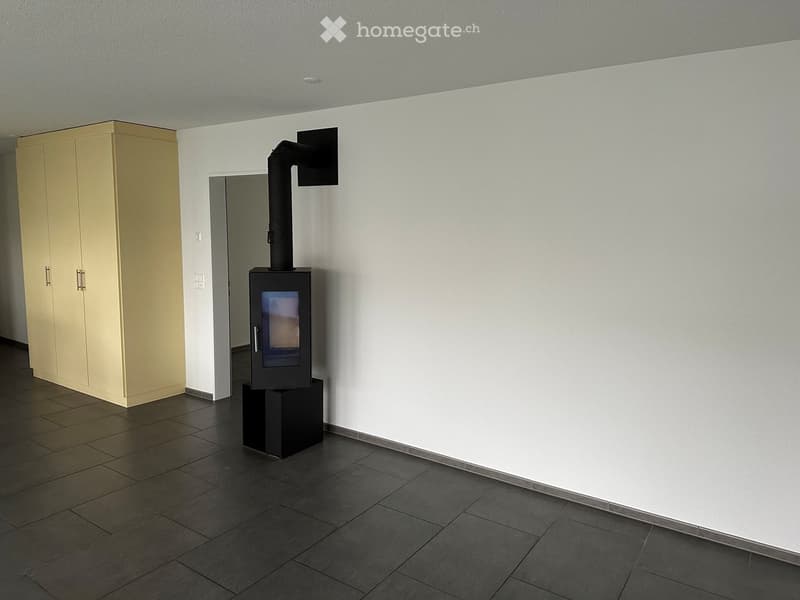 Modern room with dark tiled floor, white walls, a black fireplace with chimney, and a light-colored cabinet with double doors.