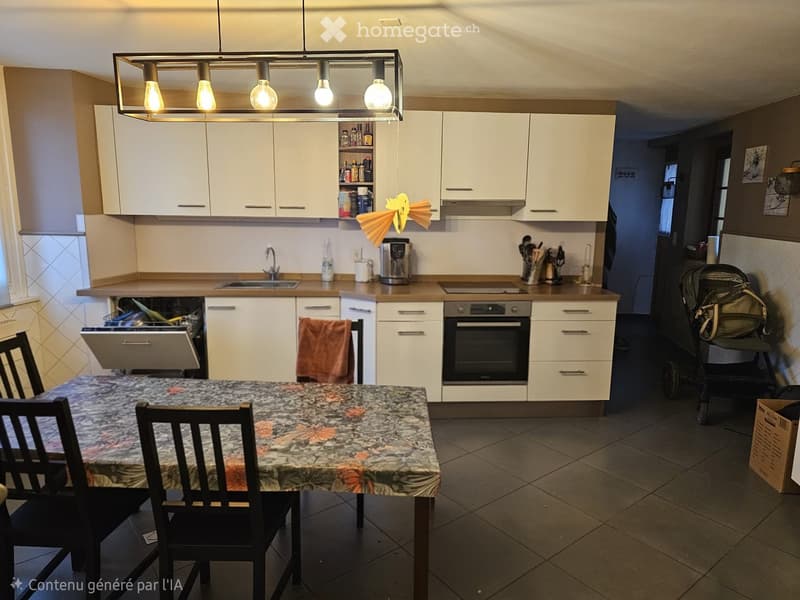 Modern kitchen with white cabinets, wooden countertops, a sink, an oven, a dishwasher, a coffee maker, and a dining table with chairs.