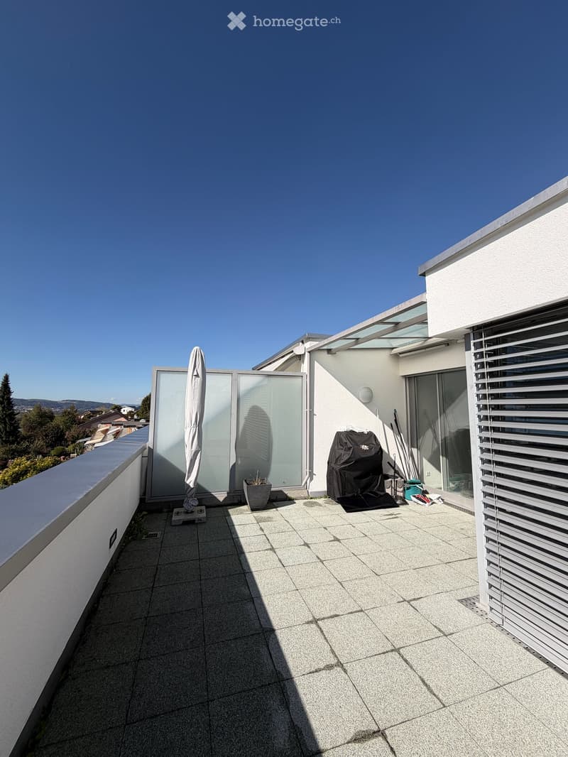 Roof terrace with tiled floor, glass partitions, umbrella, grill, and potted plant.