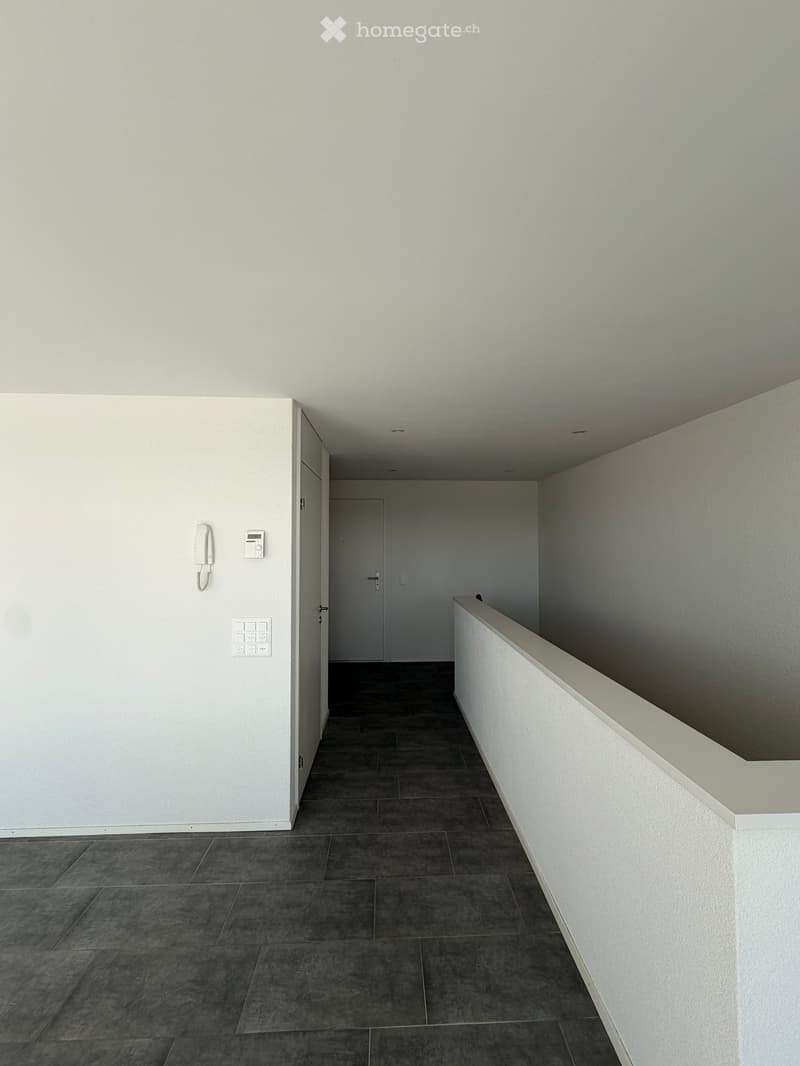Empty hallway with white walls, dark tiled floor, and a white railing on one side. A door is visible at the end of the hallway.