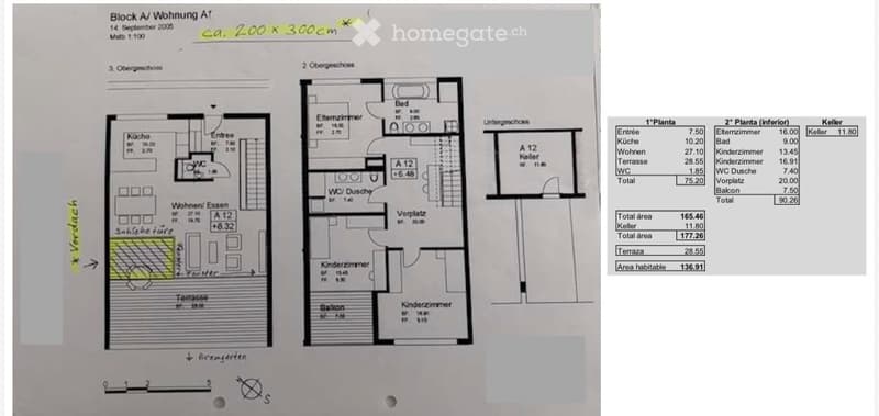 Floor plan of a residential unit showing three floors: ground floor with entrance, kitchen, living/dining area, and terrace; first floor with bedroom, bathroom, and balcony; second floor with additional bedroom and bathroom.