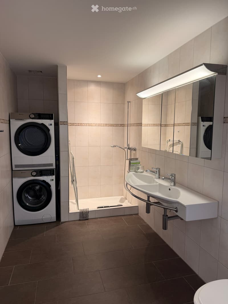 Modern bathroom with a white sink, mirror, washing machine, and shower area.