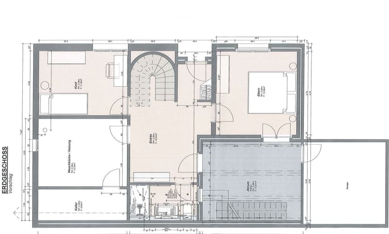Floor plan of a residential space featuring a living room, kitchen, two bedrooms, and a bathroom. Includes a hallway, entrance area, and a garage.