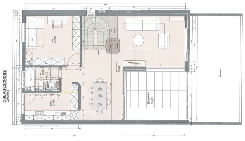 Layout of a multi-purpose space including a stage area, seating, kitchen, dining area, and winter garden with a terrace.