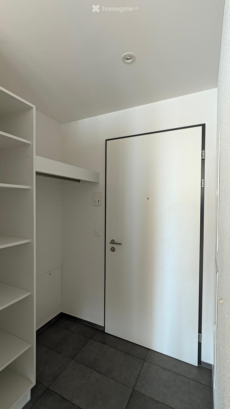 Empty room with white walls, dark tiled floor, built-in shelving unit, and a closed white door.