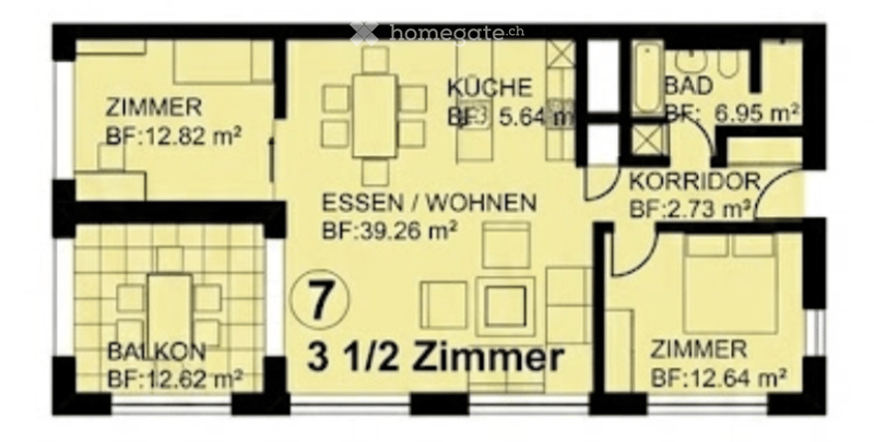 Floor plan of a 3.5-room apartment featuring a living/dining area, kitchen, two bedrooms, bathroom, hallway, and balcony.