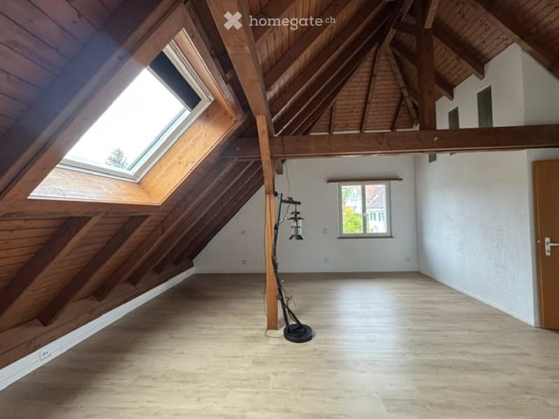 Spacious attic room with wooden beams, skylight windows, and wooden flooring. The room is completely empty with no furniture or equipment.