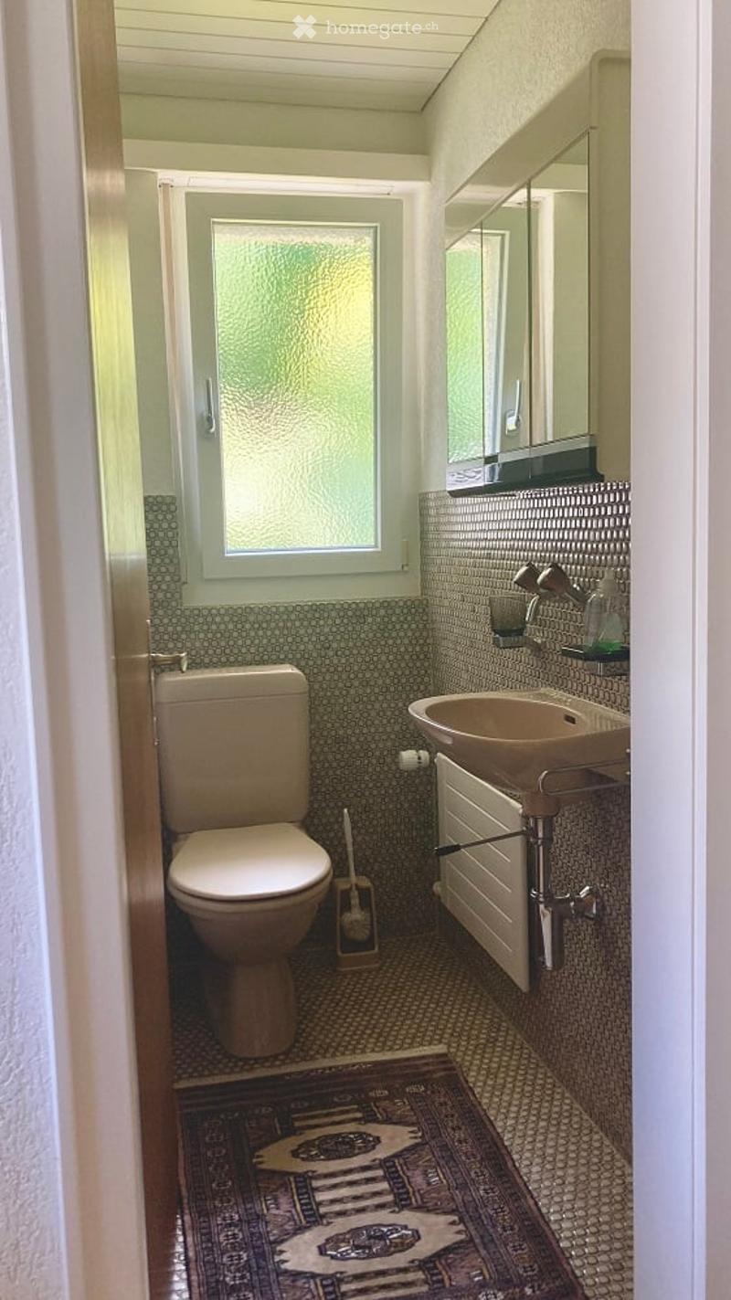 A small bathroom with a toilet, sink, mirror, and a decorative rug on the floor. The walls are tiled with a mosaic pattern, and there is a frosted window above the toilet.
