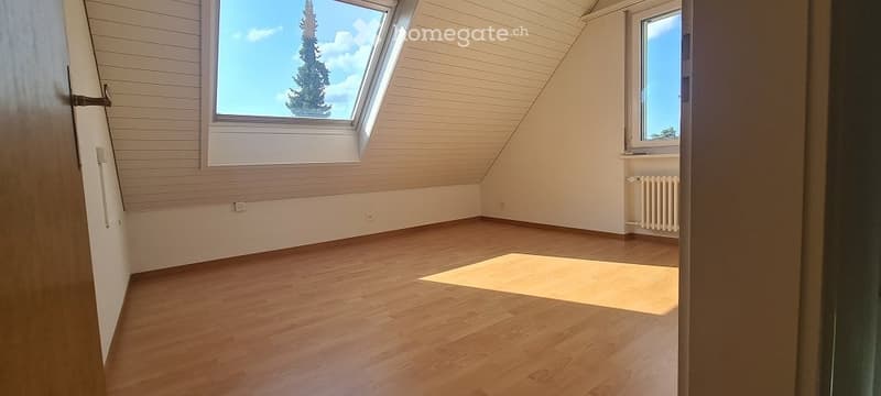 Empty attic room with wooden flooring, white walls, skylight window, and radiator. No furniture or equipment present.