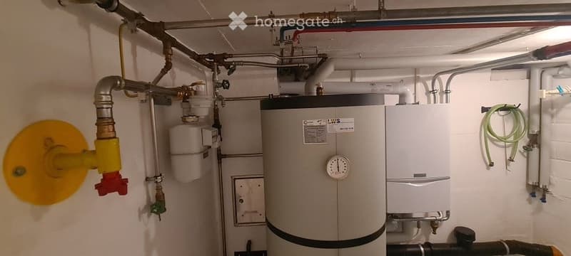 Utility room with a water heater, thermostat, and various pipes and fittings.