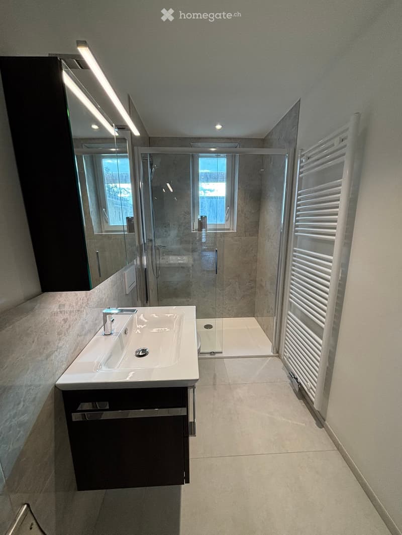 Modern bathroom with a white sink, chrome faucet, large mirror, glass-enclosed shower, and a white radiator.