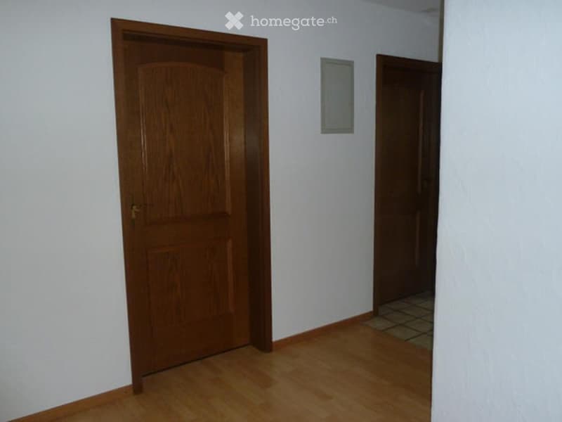Empty hallway with wooden doors, light wooden flooring, and white walls.