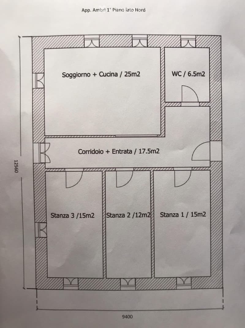 Floor plan of a 1st floor apartment with a living room and kitchen (25m2), three bedrooms (15m2, 12m2, 15m2), a corridor and entrance (17.5m2), and a bathroom (6.5m2).