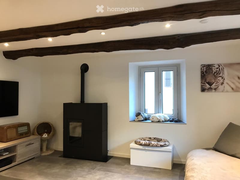 Cozy bedroom with exposed wooden beams, a bed, a white stool with a patterned cushion, a cat bed, a cat tree, a black radiator, a fireplace, a vintage radio, and a picture frame on the wall.