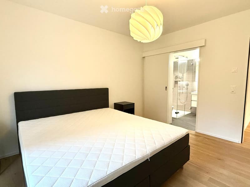 Modern bedroom with a large bed, nightstand, and pendant light. An open door leads to a modern bathroom with a glass shower enclosure.