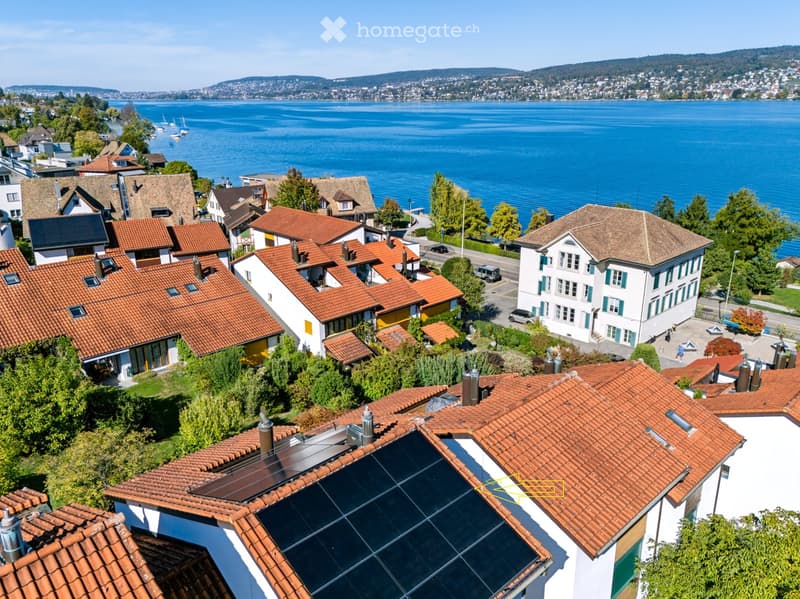 Aerial view of a residential area with multiple houses, red-tiled roofs, and a scenic lake in the background.