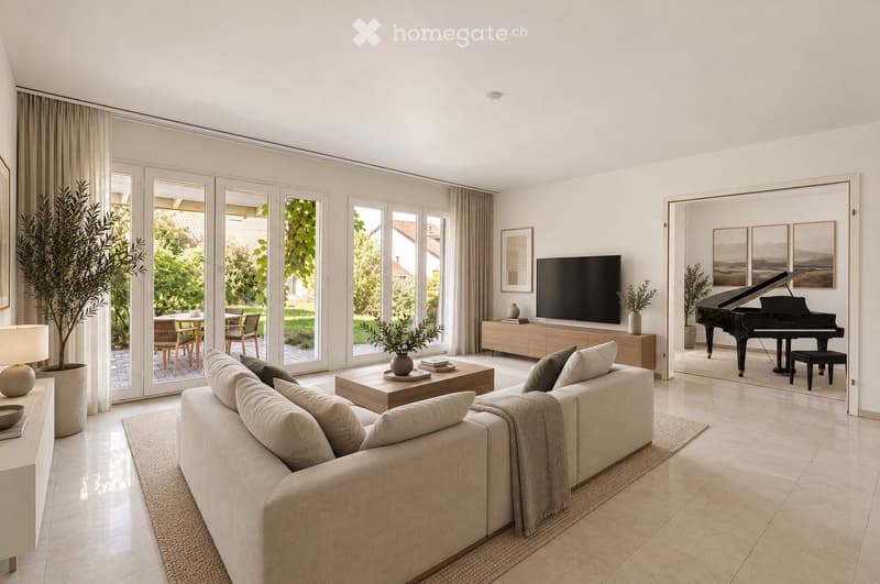 Modern living room with large windows and sliding doors leading to a patio. Features a beige sofa, wooden coffee table, grand piano, TV, sideboard, and decorative vases.